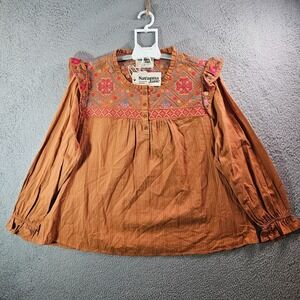 NEW Savanna Jane Embroidered‎ Shirt Top Women 2X Ruffle Button Up Red Brown